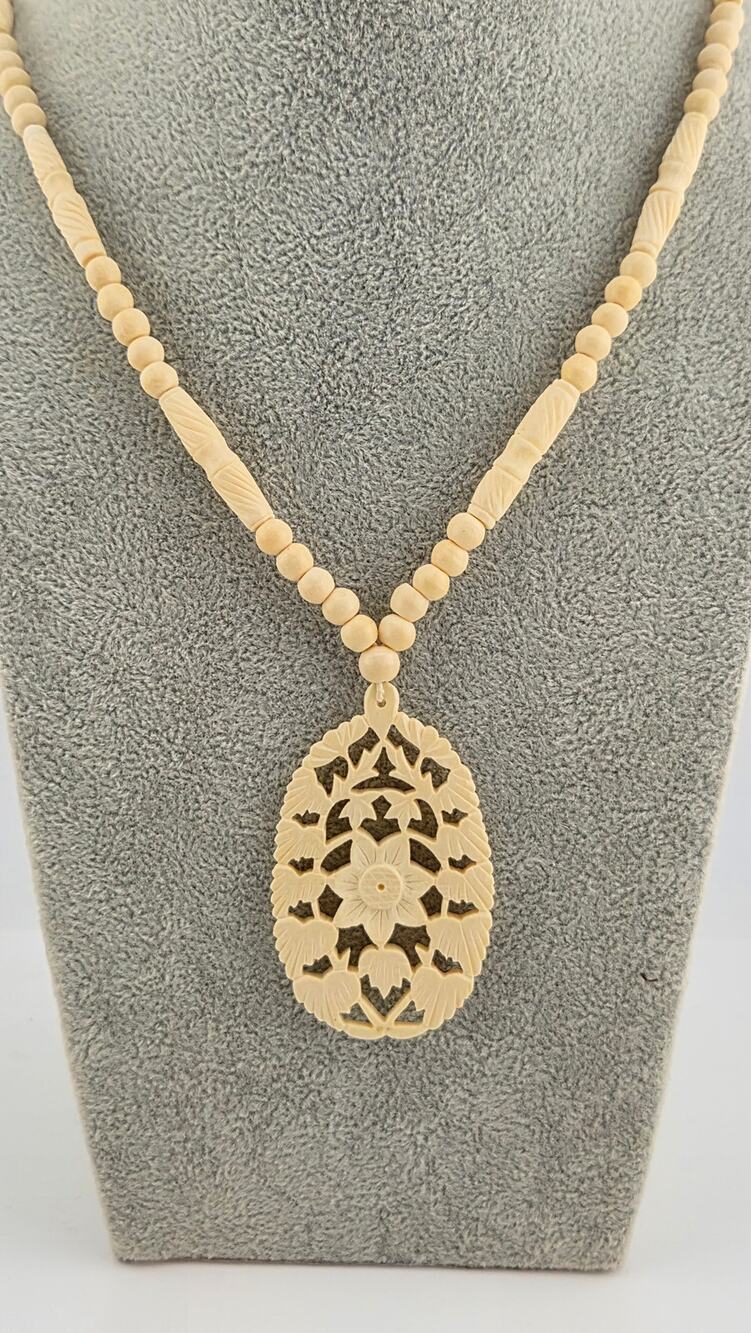 Vintage Carved Bone Pendant Necklace Boho Floral Double Sided 29 in